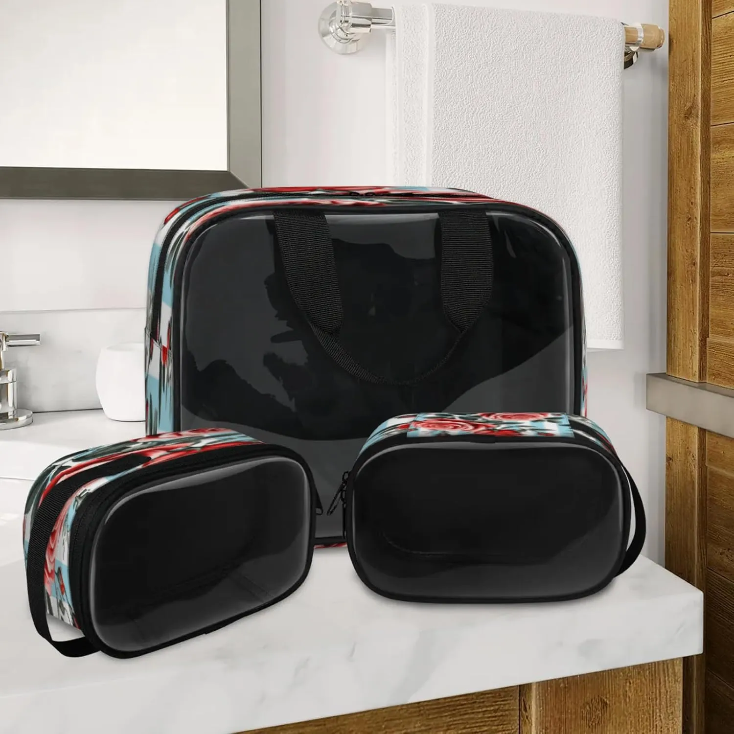 Clear Makeup Bag, 3 Pcs of Translucent Cosmetic Bags Set, Transparent Red Rose Flowers Travel Makeup Pouch, Waterproof Cute Toiletry Bag for Women (Striped Roses)