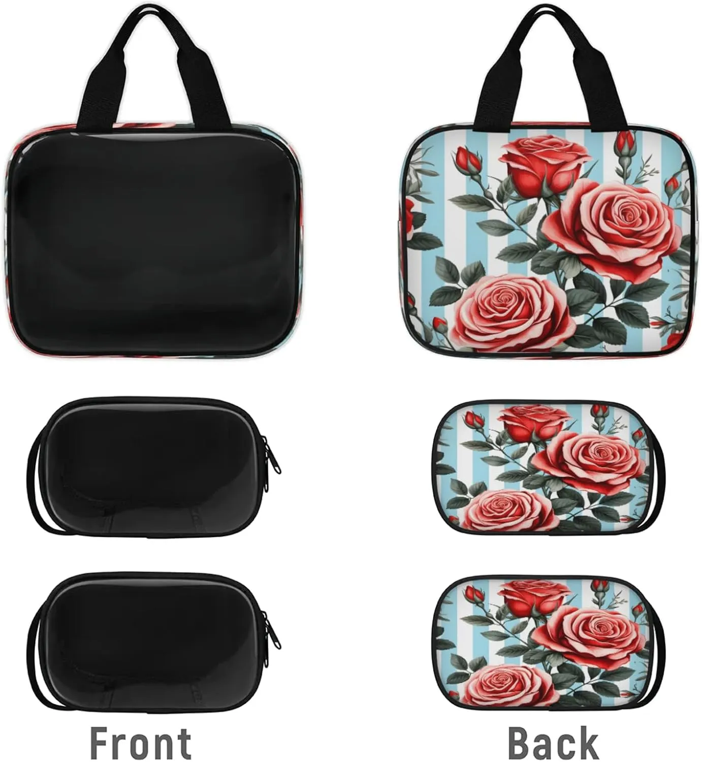 Clear Makeup Bag, 3 Pcs of Translucent Cosmetic Bags Set, Transparent Red Rose Flowers Travel Makeup Pouch, Waterproof Cute Toiletry Bag for Women (Striped Roses)