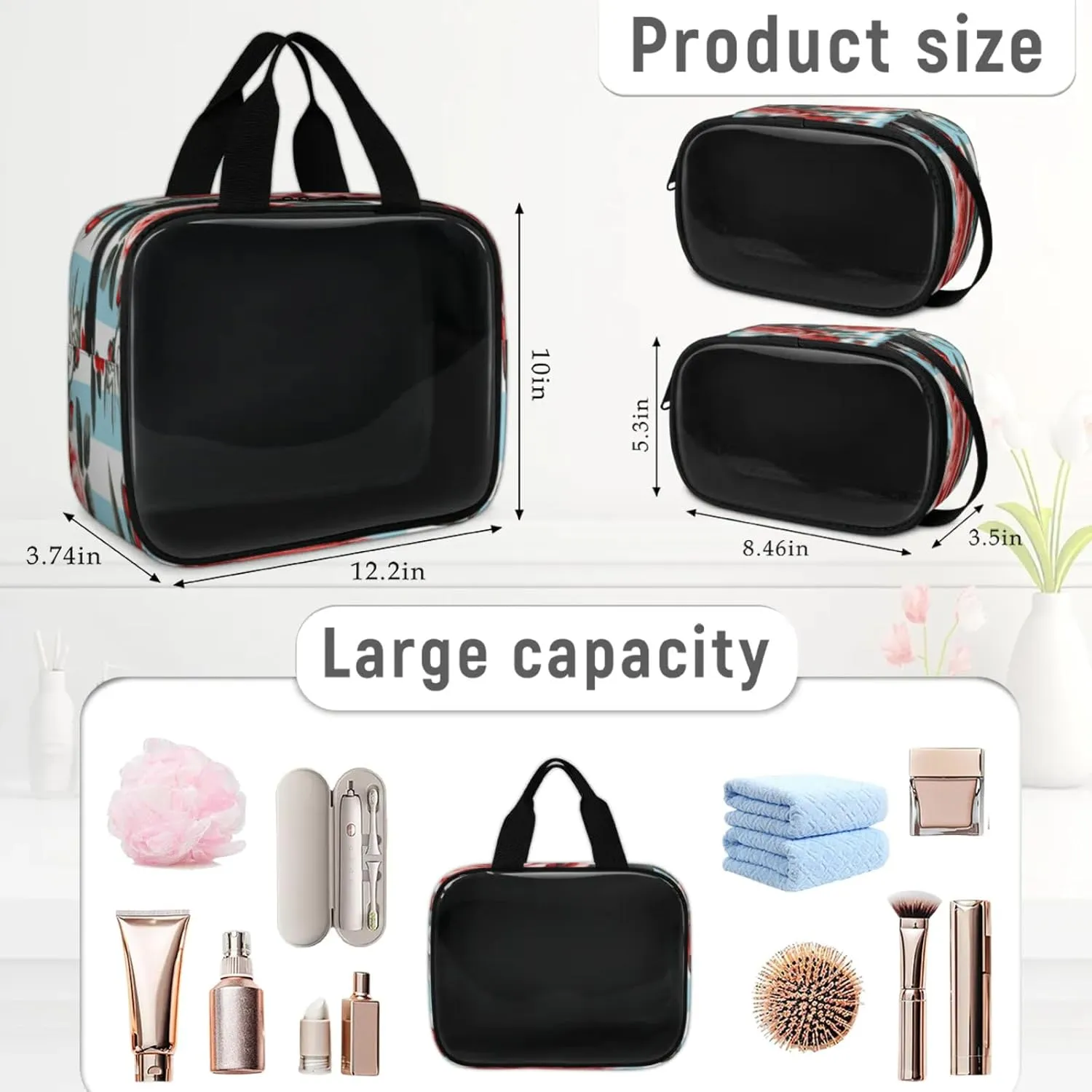 Clear Makeup Bag, 3 Pcs of Translucent Cosmetic Bags Set, Transparent Red Rose Flowers Travel Makeup Pouch, Waterproof Cute Toiletry Bag for Women (Striped Roses)