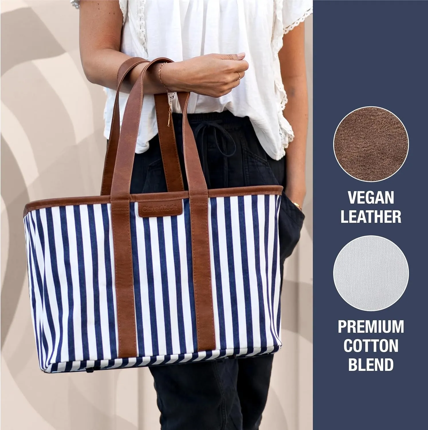 CleverMade Collapsible LUXE Tote - Navy Striped 1 Pack 30L / 8 Gal - Reusable Grocery Shopping Storage Bag Organizer w/ Handles Reinforced Bottom