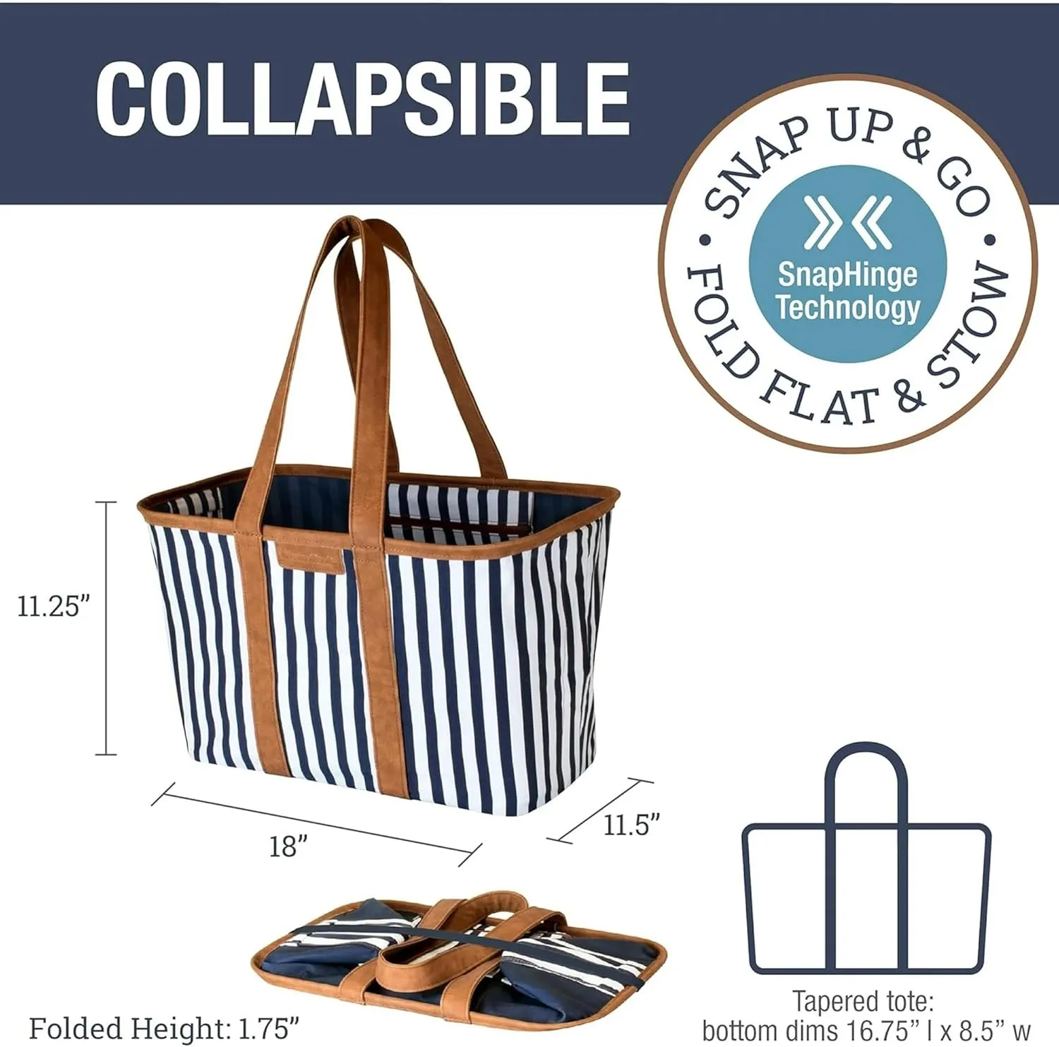 CleverMade Collapsible LUXE Tote - Navy Striped 1 Pack 30L / 8 Gal - Reusable Grocery Shopping Storage Bag Organizer w/ Handles Reinforced Bottom