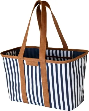 CleverMade Collapsible LUXE Tote - Navy Striped 1 Pack 30L / 8 Gal - Reusable Grocery Shopping Storage Bag Organizer w/ Handles Reinforced Bottom