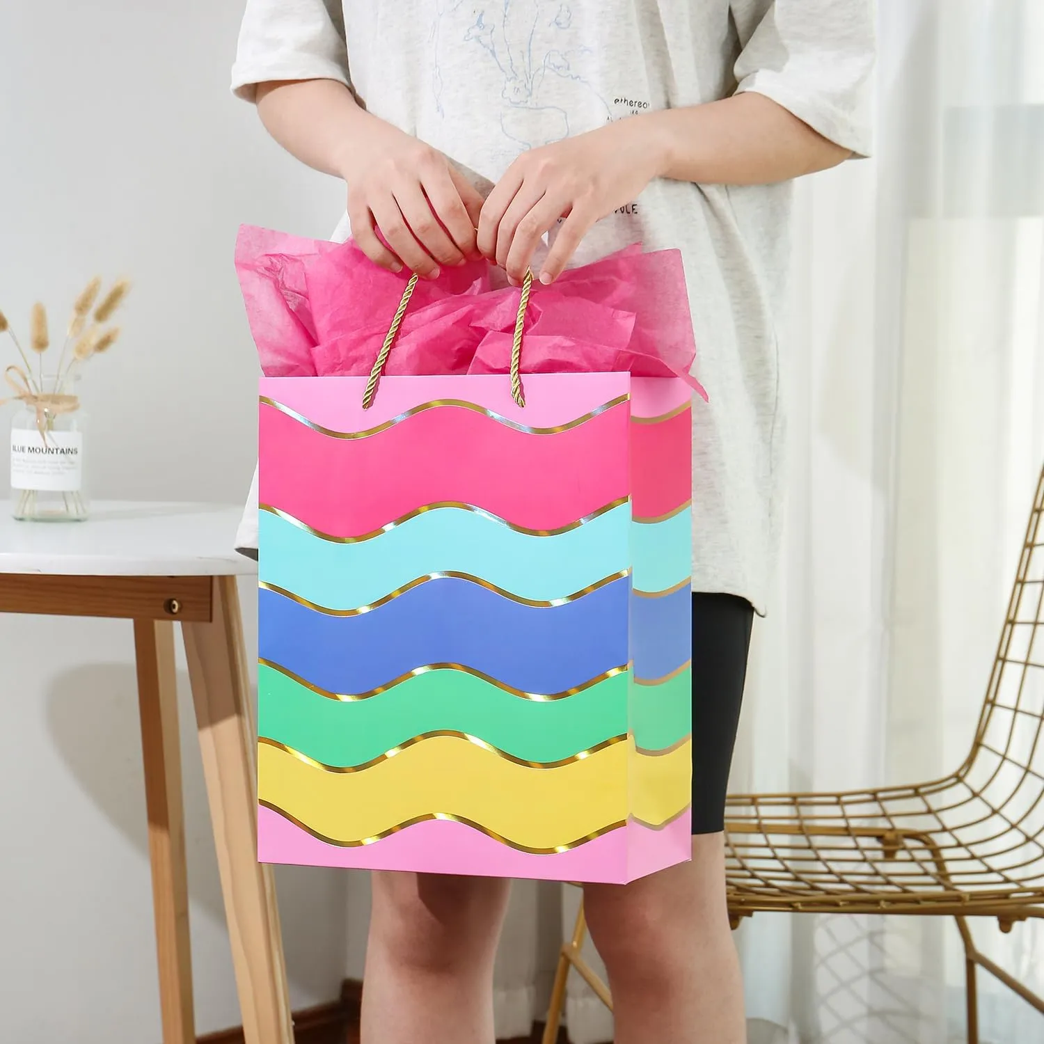 Cmecial 15.7" Paper Gift Bags with Tissue Paper, Extra Large Gift Bags with Handles, Birthday Bags Medium Size, Rainbow Bag Large Size, Medium Birthday Wrap Bag Set for Kids
