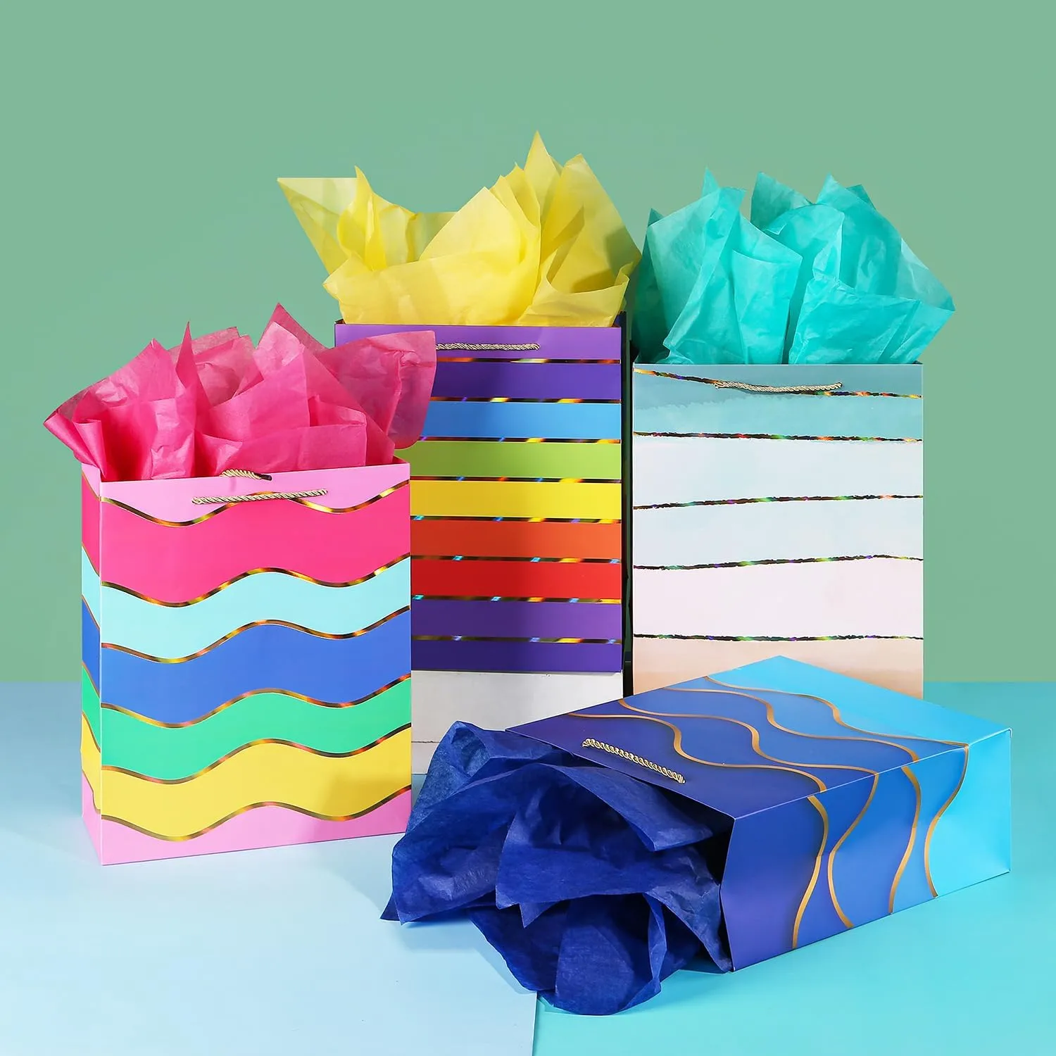 Cmecial 15.7" Paper Gift Bags with Tissue Paper, Extra Large Gift Bags with Handles, Birthday Bags Medium Size, Rainbow Bag Large Size, Medium Birthday Wrap Bag Set for Kids