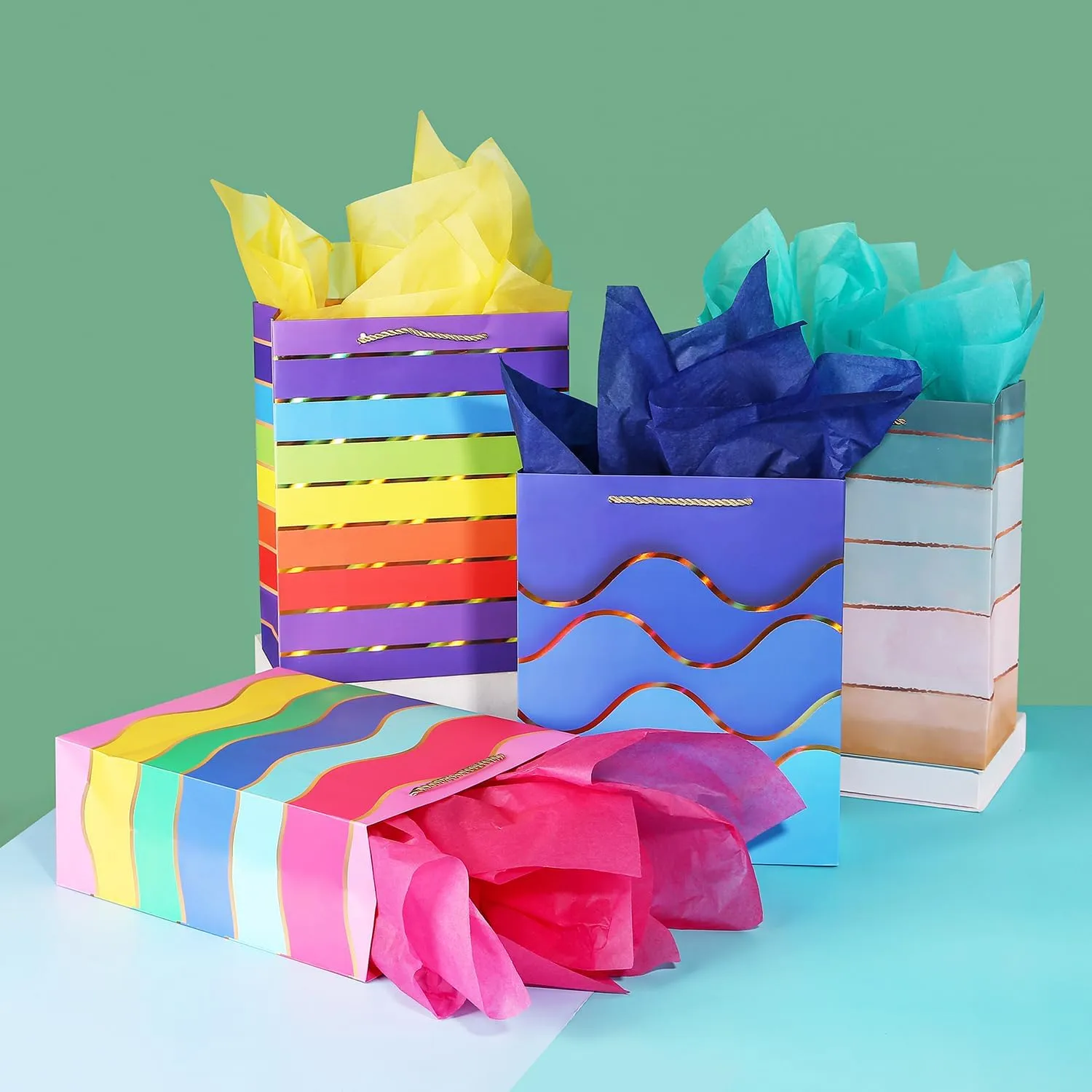 Cmecial 15.7" Paper Gift Bags with Tissue Paper, Extra Large Gift Bags with Handles, Birthday Bags Medium Size, Rainbow Bag Large Size, Medium Birthday Wrap Bag Set for Kids
