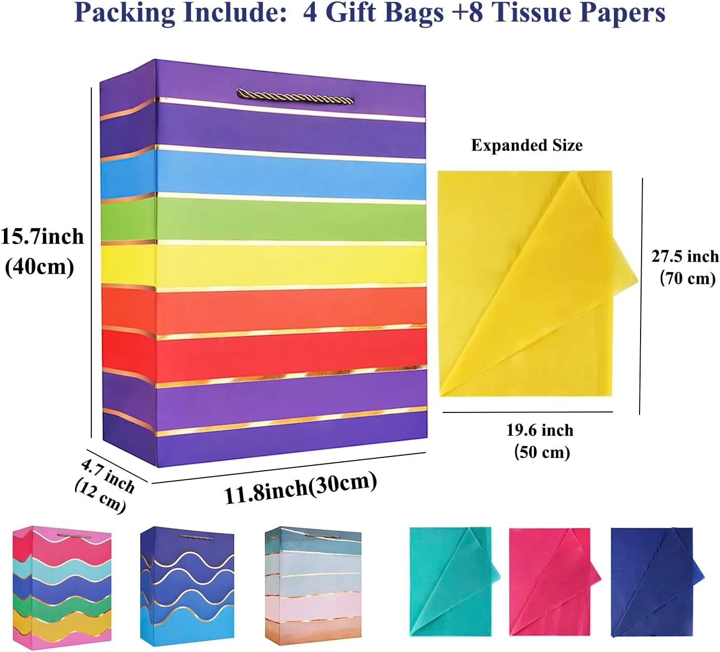 Cmecial 15.7" Paper Gift Bags with Tissue Paper, Extra Large Gift Bags with Handles, Birthday Bags Medium Size, Rainbow Bag Large Size, Medium Birthday Wrap Bag Set for Kids