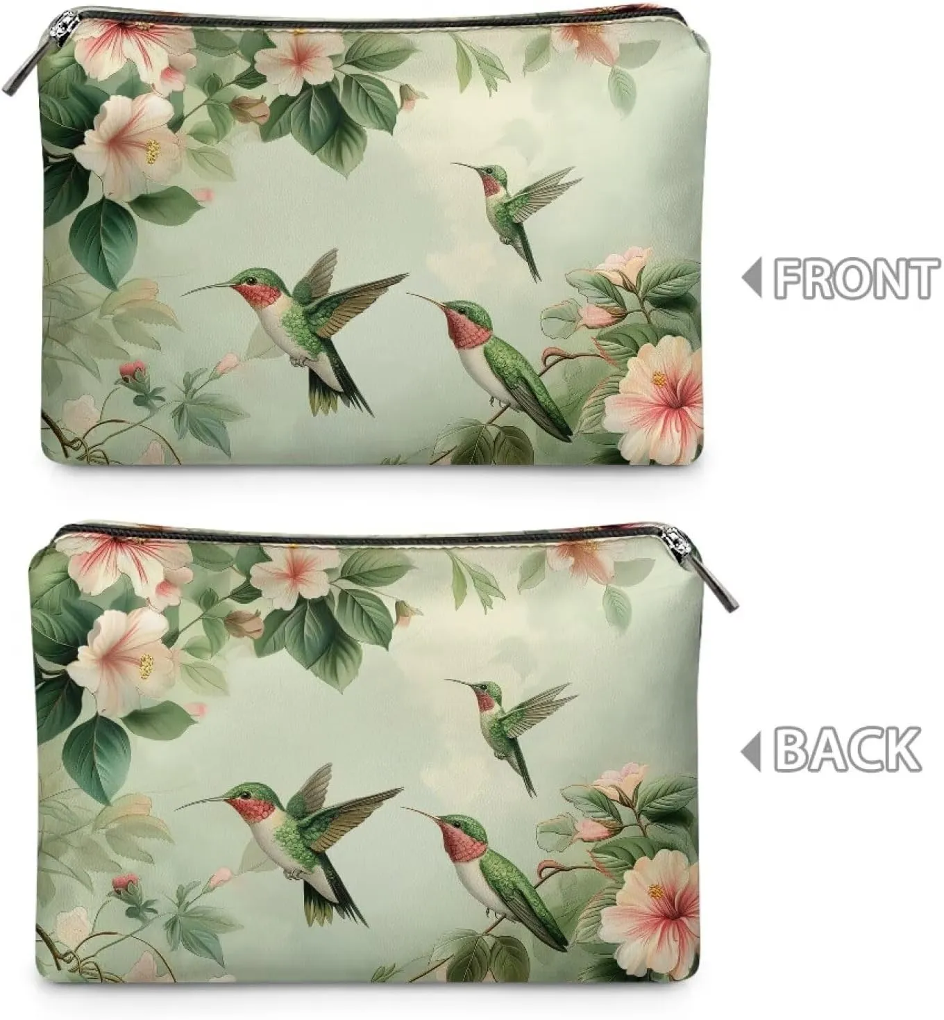 COEQINE Green Travel Makeup Bag Cosmetic Case Leather Soft Travel Toiletry Pouch With Zipper Green Aesthetic Hummiingbirds attern Coin Purse