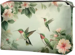 COEQINE Green Travel Makeup Bag Cosmetic Case Leather Soft Travel Toiletry Pouch With Zipper Green Aesthetic Hummiingbirds attern Coin Purse