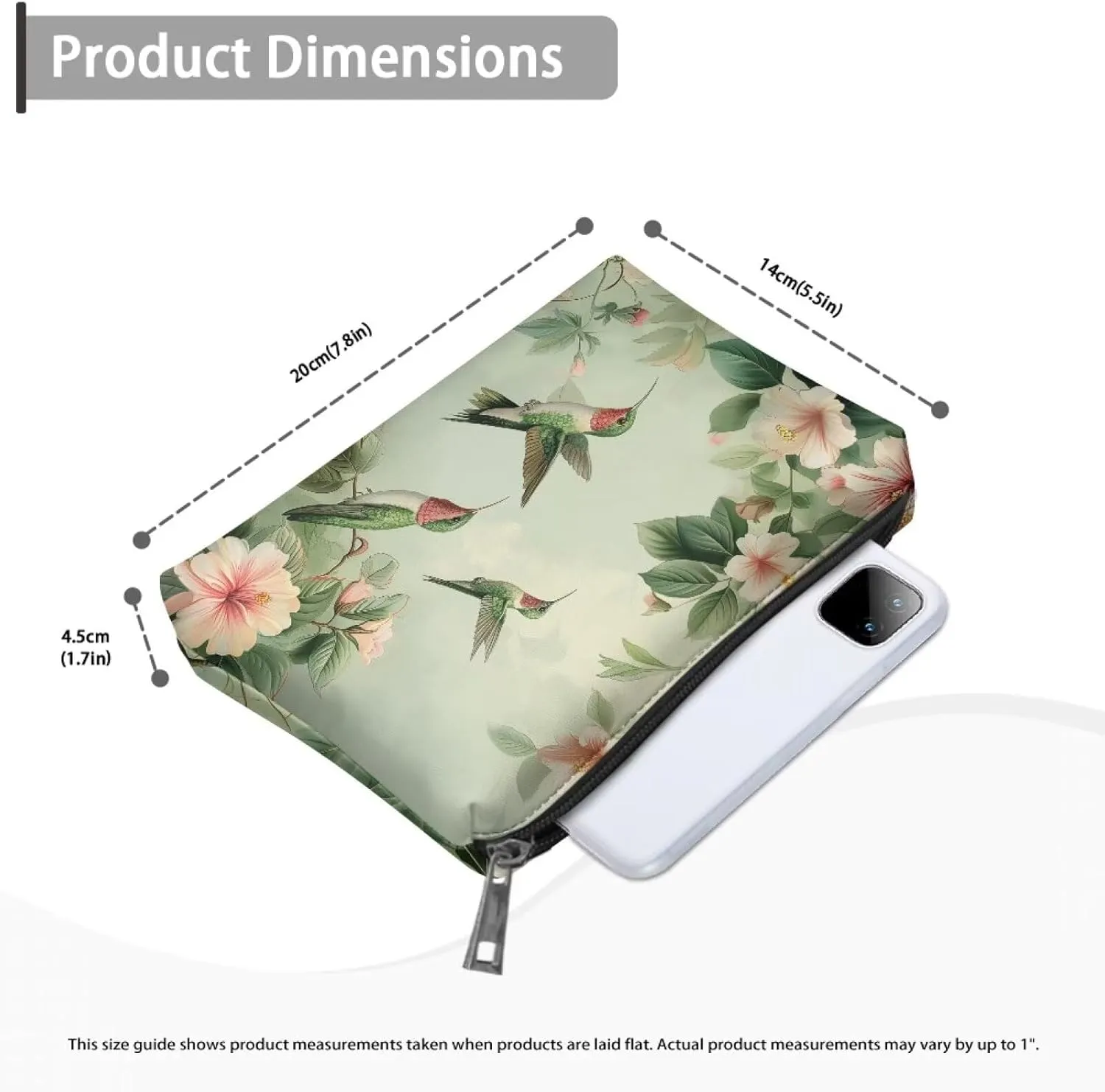 COEQINE Green Travel Makeup Bag Cosmetic Case Leather Soft Travel Toiletry Pouch With Zipper Green Aesthetic Hummiingbirds attern Coin Purse