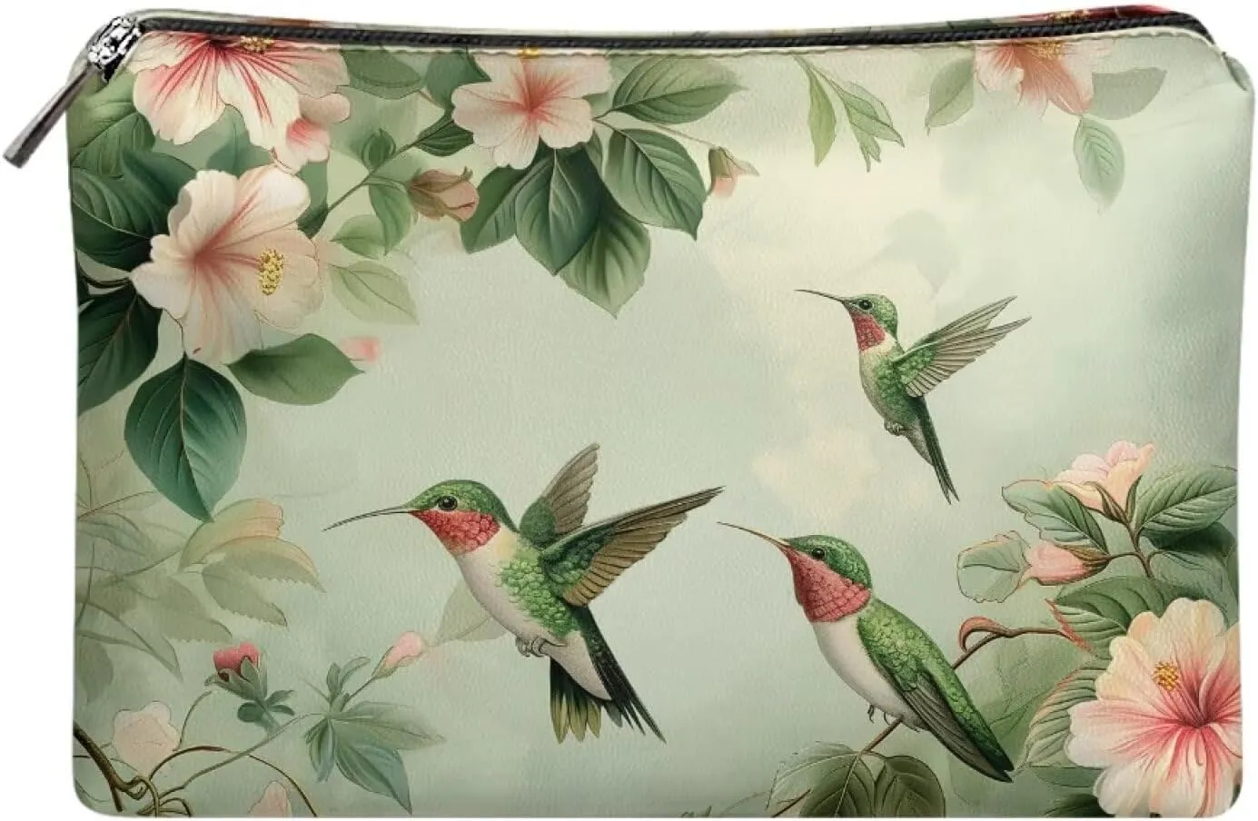COEQINE Green Travel Makeup Bag Cosmetic Case Leather Soft Travel Toiletry Pouch With Zipper Green Aesthetic Hummiingbirds attern Coin Purse