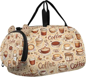 Coffee Pattern Kids Overnight Sports Duffel Bags with Shoe Compartment & Wet Pocket Travel Sport Gym Bag for Girls Boys