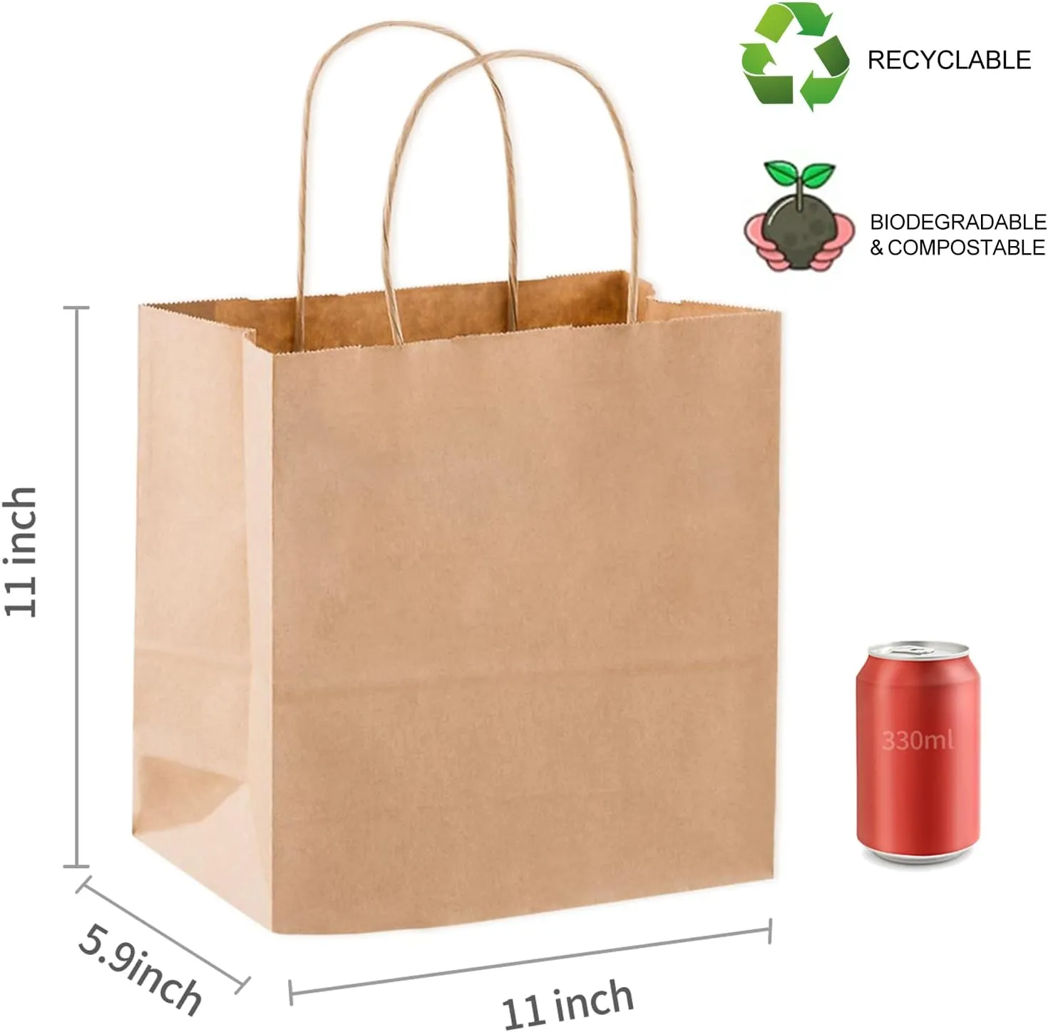 COGLARING 100Pcs Brown Gift Bags with Handles - 11x5.9x11 Inch Kraft Paper Bags for Parties, Weddings, Shopping, Grocery, Takeout & Retail - Bulk Brown Paper Gift Bags