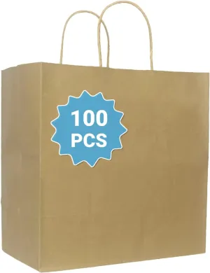 COGLARING 100Pcs Brown Gift Bags with Handles - 11x5.9x11 Inch Kraft Paper Bags for Parties, Weddings, Shopping, Grocery, Takeout & Retail - Bulk Brown Paper Gift Bags
