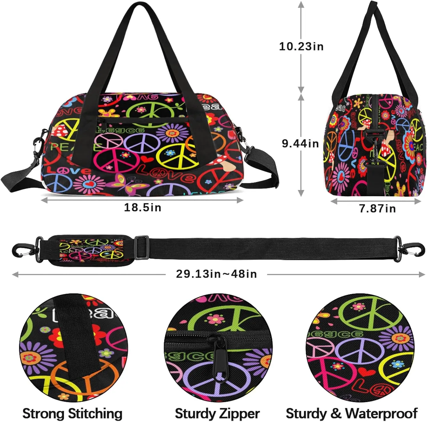 Color Peace Pattern Kids Duffel Bag Lightweight Waterproof Sports Gym Bag with Front Zipper Pocket Foldable Weekender Overnight Bag for School Practice Gymnastic Ballet
