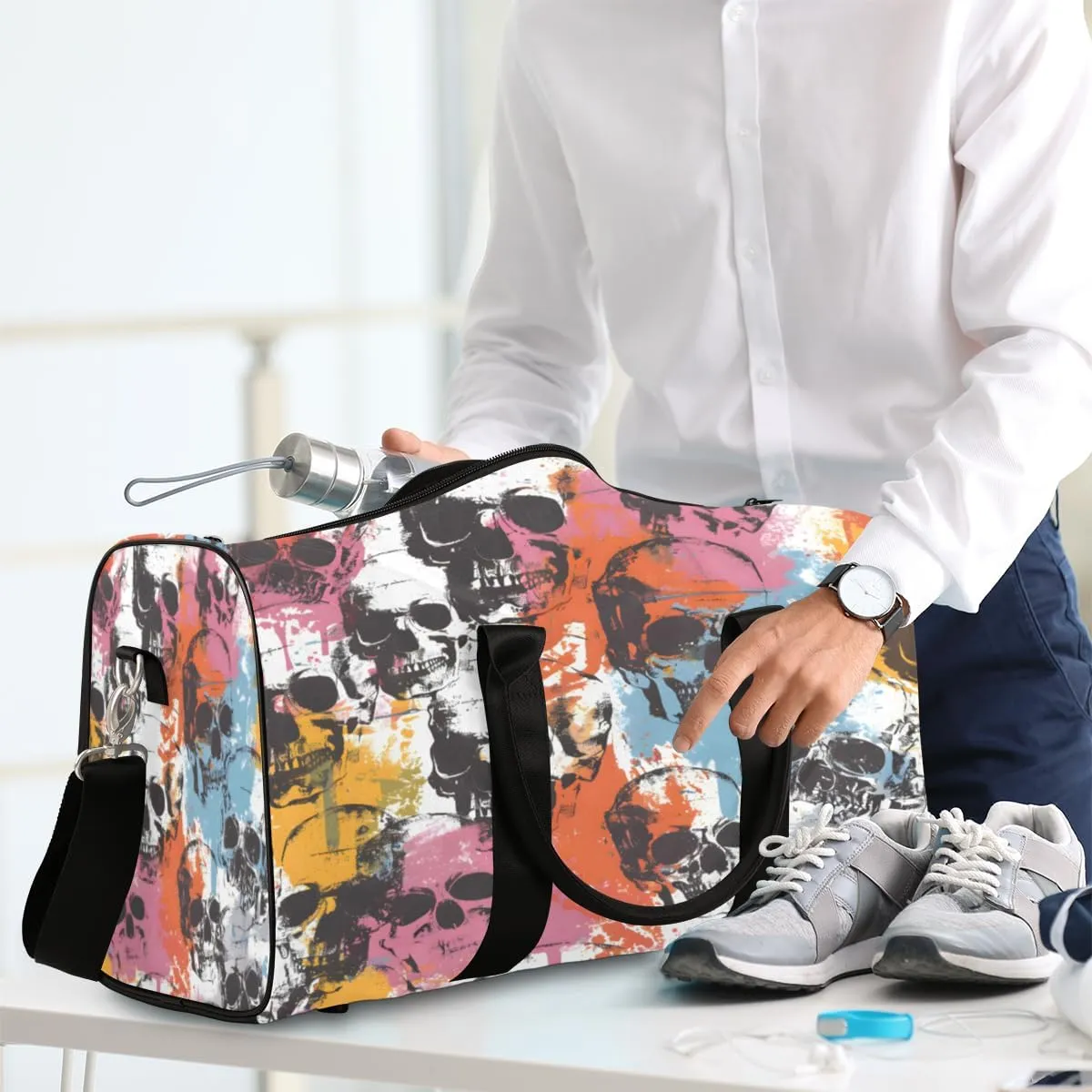 Color Skull Gothic Skeleton Travel Duffle Bag, Sports Gym Bags for Women Men, Carry On Weekender Overnight Workout Airplane Trips Bag