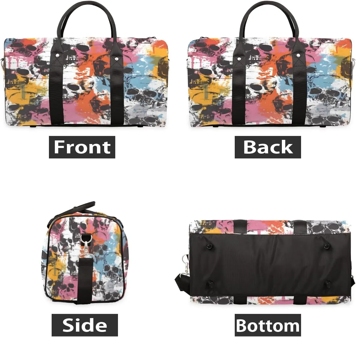 Color Skull Gothic Skeleton Travel Duffle Bag, Sports Gym Bags for Women Men, Carry On Weekender Overnight Workout Airplane Trips Bag