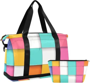 Color Square Duffel Bag Sports Duffel Bags with Toiletry Bag for Hiking Large Capacity