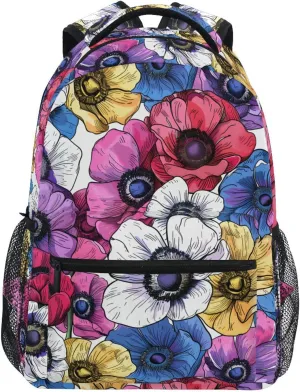 Colorful Anemone Flower Floral School Kids Backpack for Boys Girls Laptop Backpack Lightweight Travel Bag for Women Men