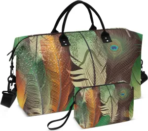 Colorful Bird Feathers Duffel Bag for Gym Yoga Weekender Overnight Quilting Travel Bag Set