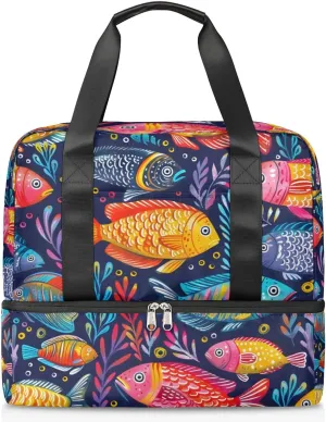 Colorful Fishes Travel Duffel Bag Dry Wet Separated Sports Tote Travel Duffle Bag Gym Workout Bag Women Travel Duffel Bag for Women, Travel, Gym, Work