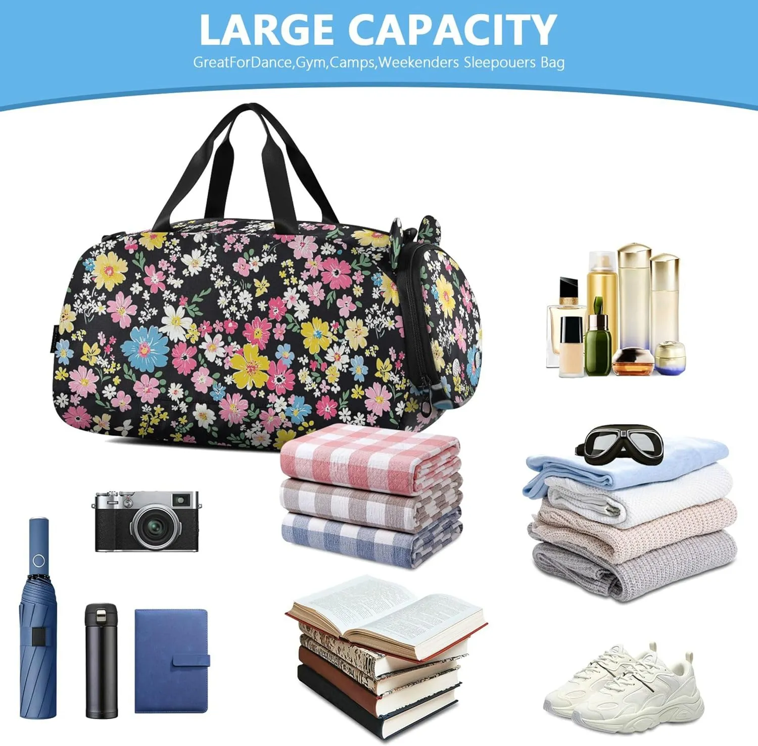 Colorful Flowers Black Gym Duffel Bag with Shoes Compartment Lightweight Kids Overnighter Duffel Bags for Travel, Swimming, Dance, Ballet