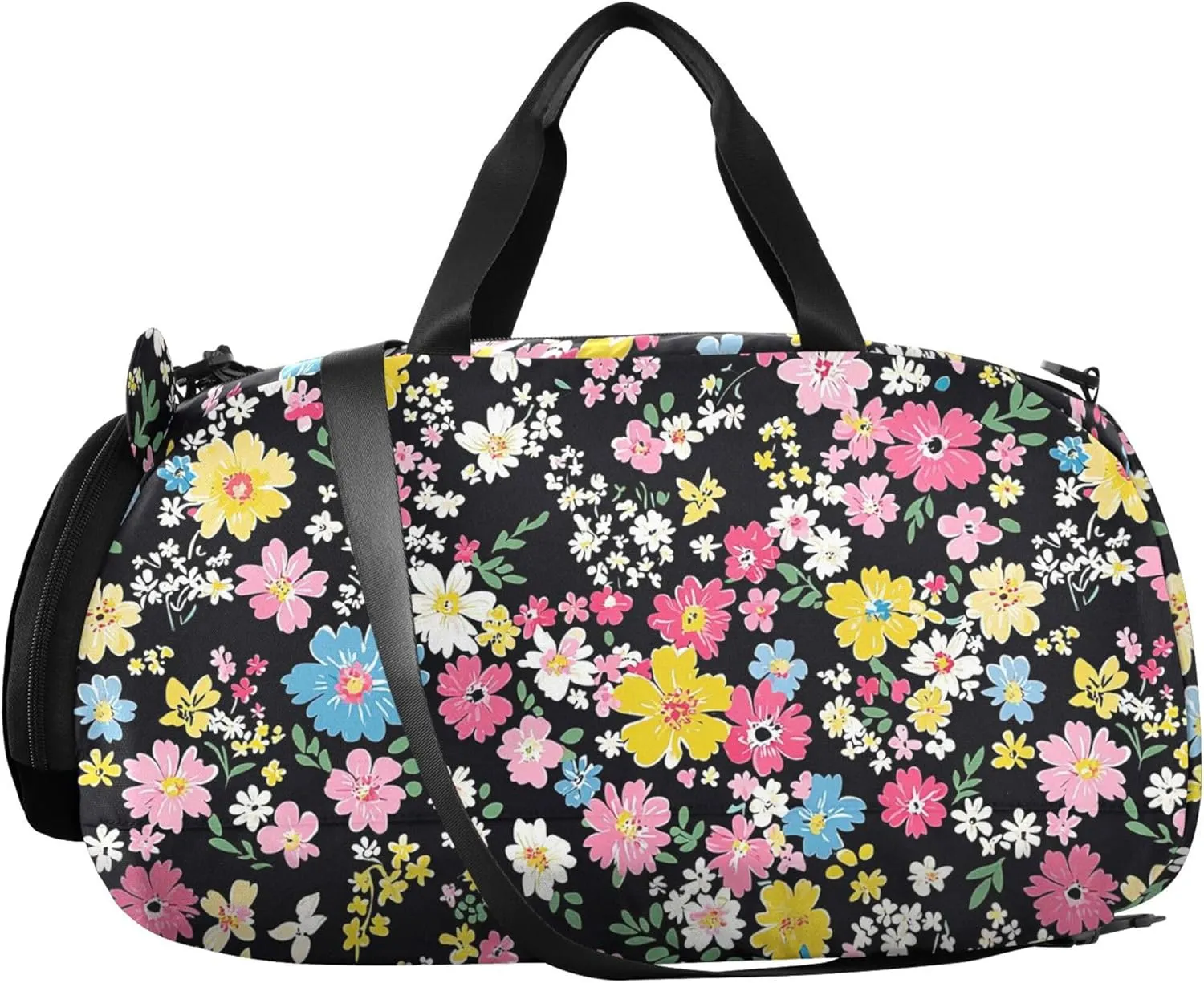 Colorful Flowers Black Gym Duffel Bag with Shoes Compartment Lightweight Kids Overnighter Duffel Bags for Travel, Swimming, Dance, Ballet