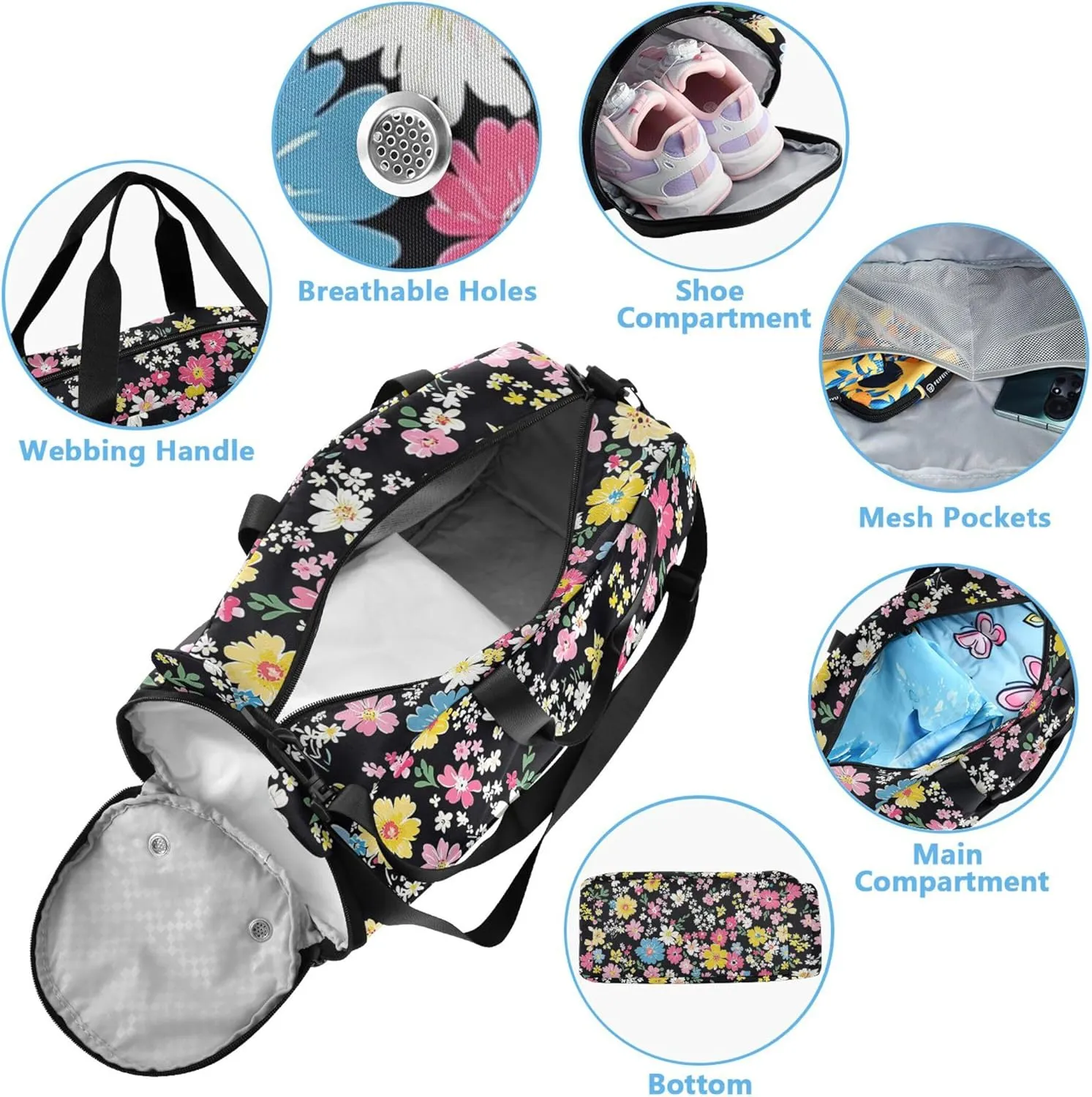 Colorful Flowers Black Gym Duffel Bag with Shoes Compartment Lightweight Kids Overnighter Duffel Bags for Travel, Swimming, Dance, Ballet