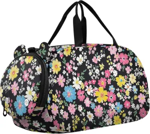Colorful Flowers Black Gym Duffel Bag with Shoes Compartment Lightweight Kids Overnighter Duffel Bags for Travel, Swimming, Dance, Ballet