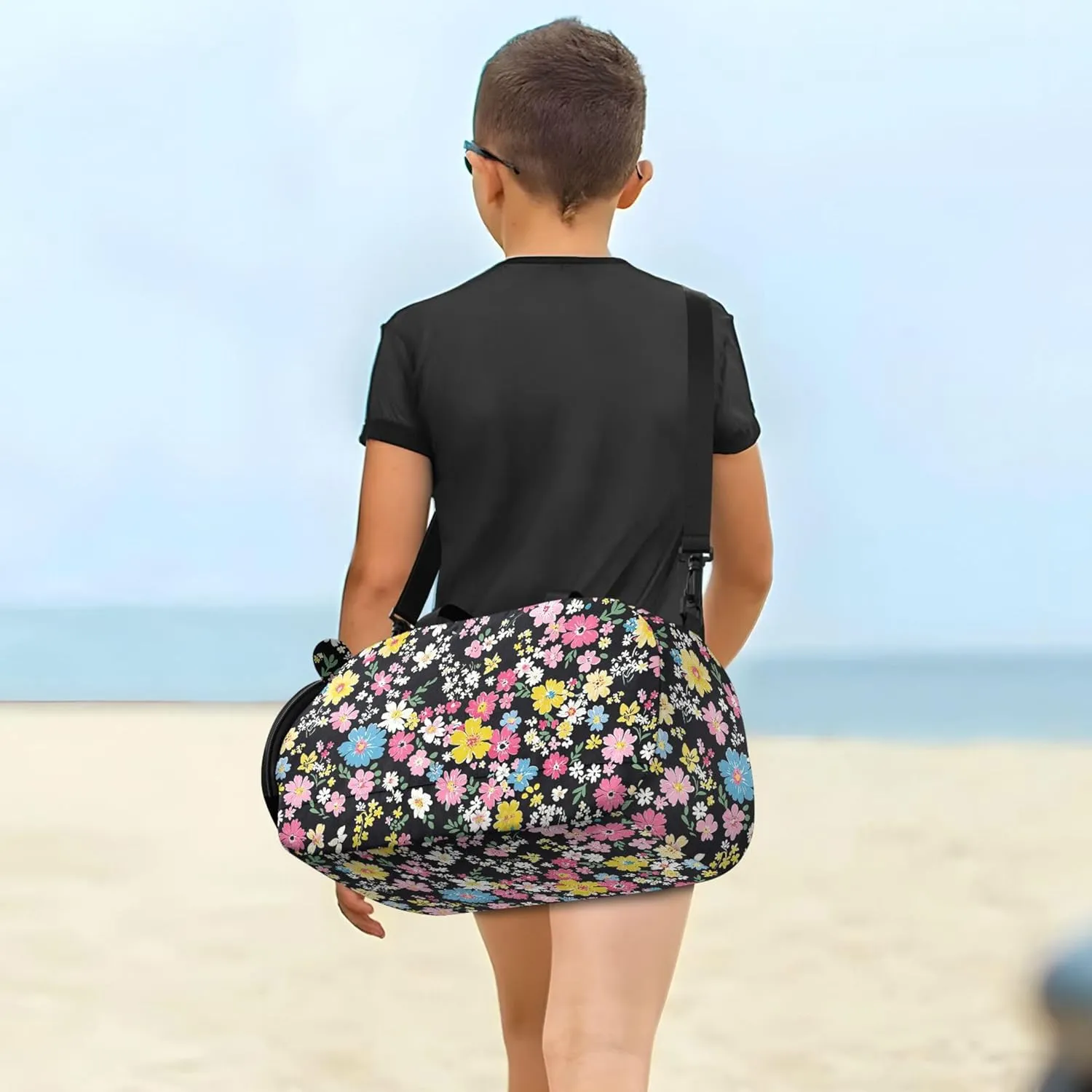 Colorful Flowers Black Gym Duffel Bag with Shoes Compartment Lightweight Kids Overnighter Duffel Bags for Travel, Swimming, Dance, Ballet