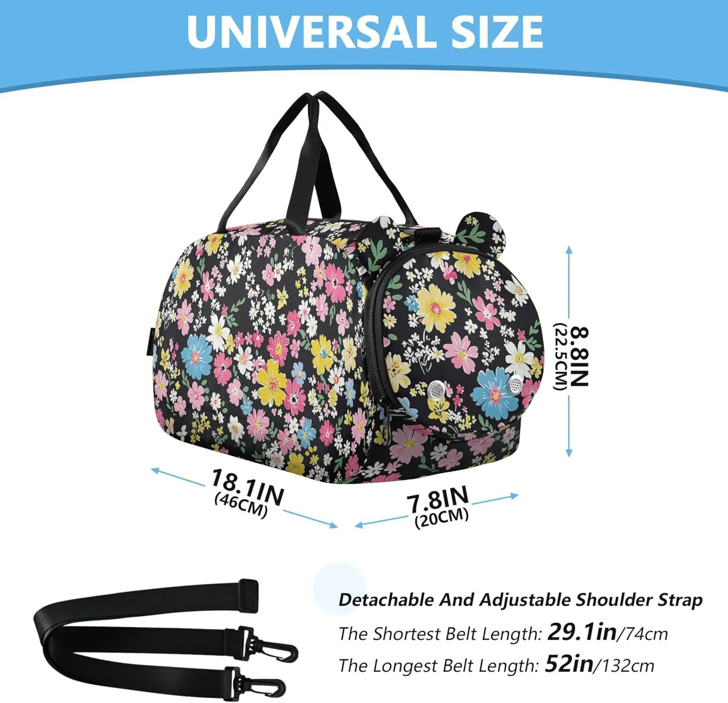 Colorful Flowers Black Gym Duffel Bag with Shoes Compartment Lightweight Kids Overnighter Duffel Bags for Travel, Swimming, Dance, Ballet