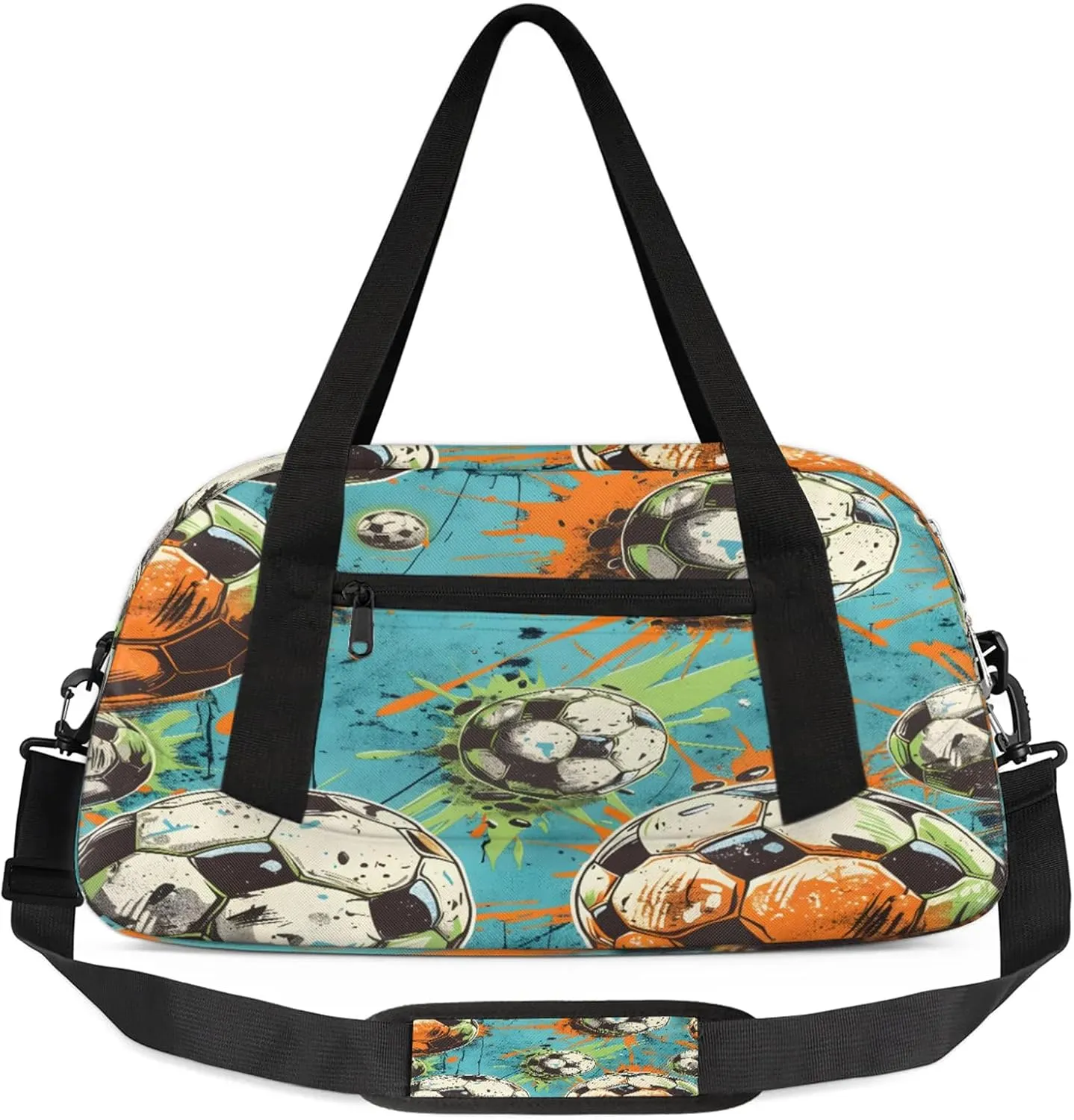 Colorful Football Kids Duffel Bag Lightweight Waterproof Sports Gym Bag with Front Zipper Pocket Foldable Weekender Overnight Bag for School Practice Gymnastic Ballet