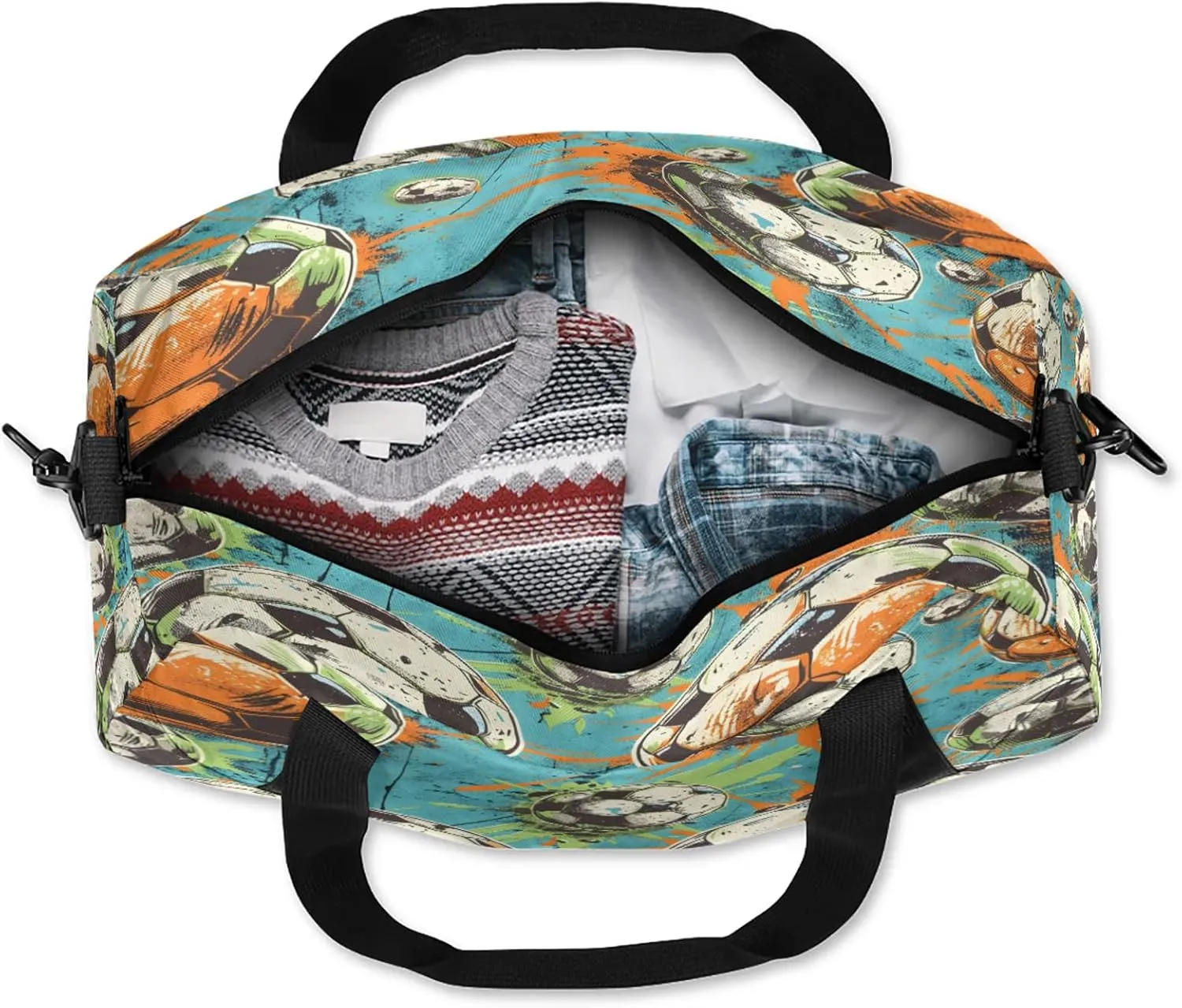 Colorful Football Kids Duffel Bag Lightweight Waterproof Sports Gym Bag with Front Zipper Pocket Foldable Weekender Overnight Bag for School Practice Gymnastic Ballet