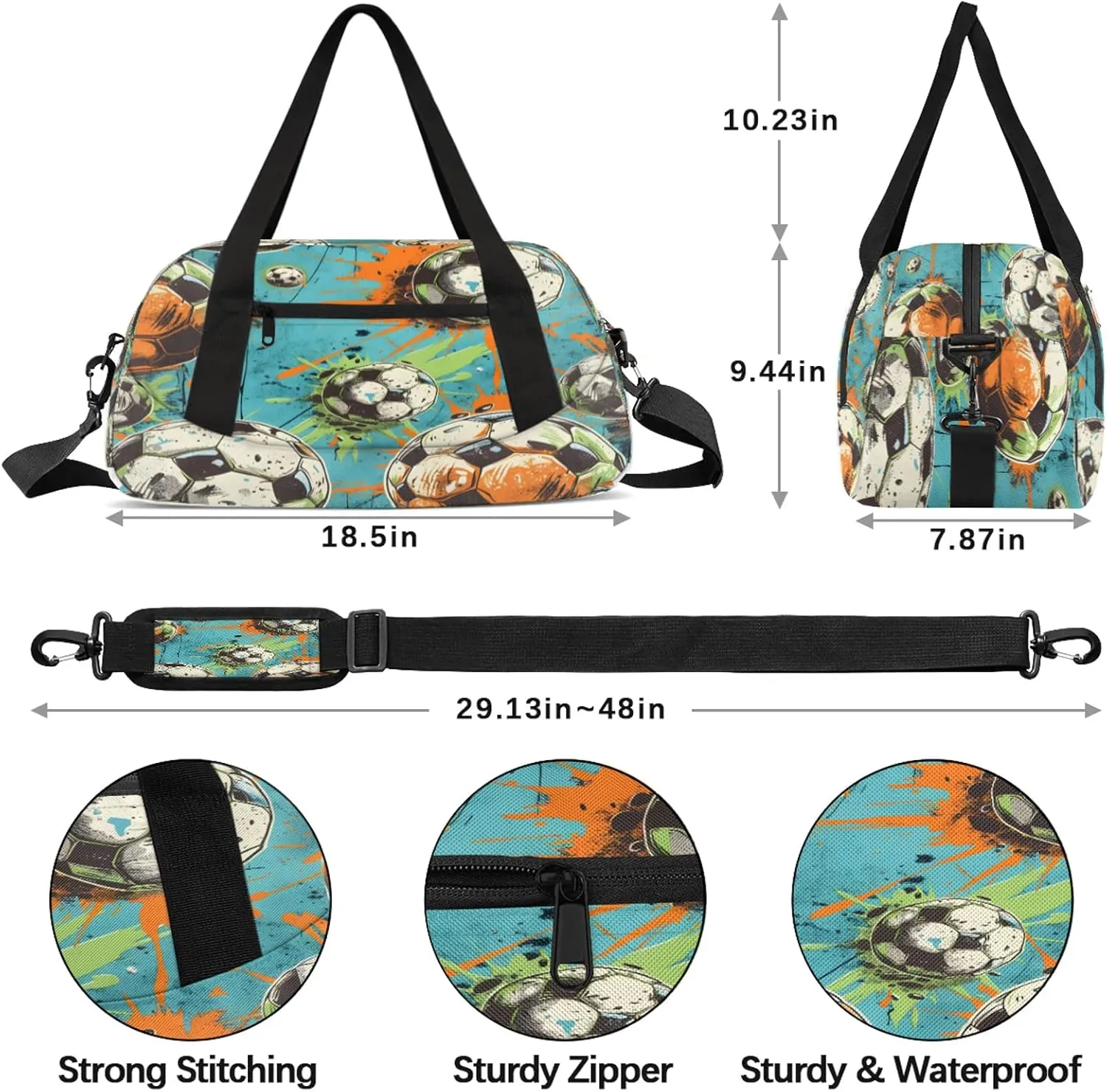 Colorful Football Kids Duffel Bag Lightweight Waterproof Sports Gym Bag with Front Zipper Pocket Foldable Weekender Overnight Bag for School Practice Gymnastic Ballet