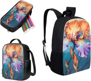 Colorful Hibiscus Botanical Kids School Backpacks for Boys Gradient Flower Hand Drawing Elementary Back Pack Bookbag with Lunch Bag Small Pencil Case for Teens Boys Girls