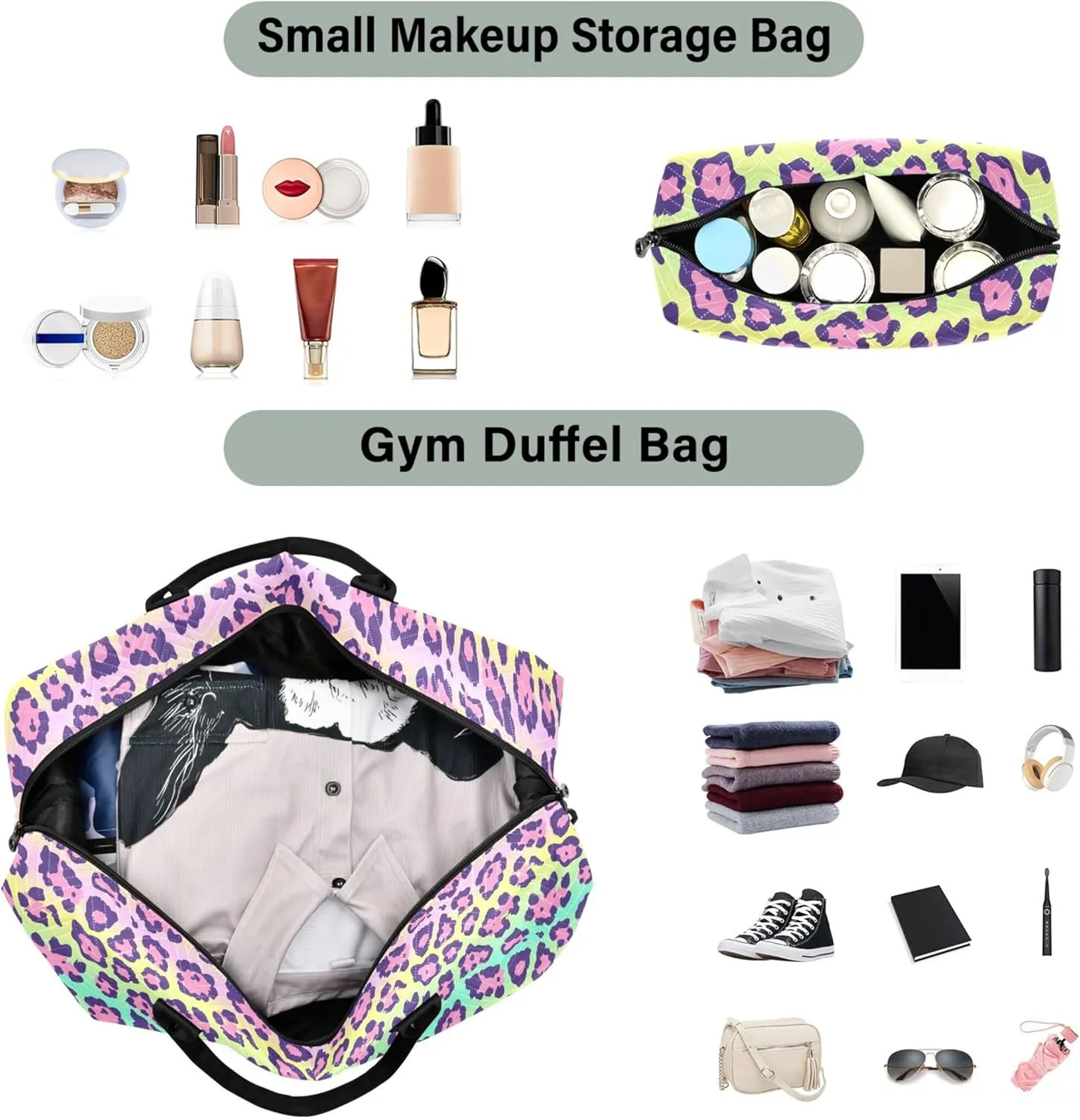 Colorful Leopard Print Travel Duffel Bags Toiletry Bags Set, Design Women Gym Duffle Bag Overnight Bags