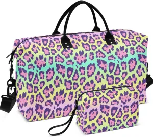 Colorful Leopard Print Travel Duffel Bags Toiletry Bags Set, Design Women Gym Duffle Bag Overnight Bags