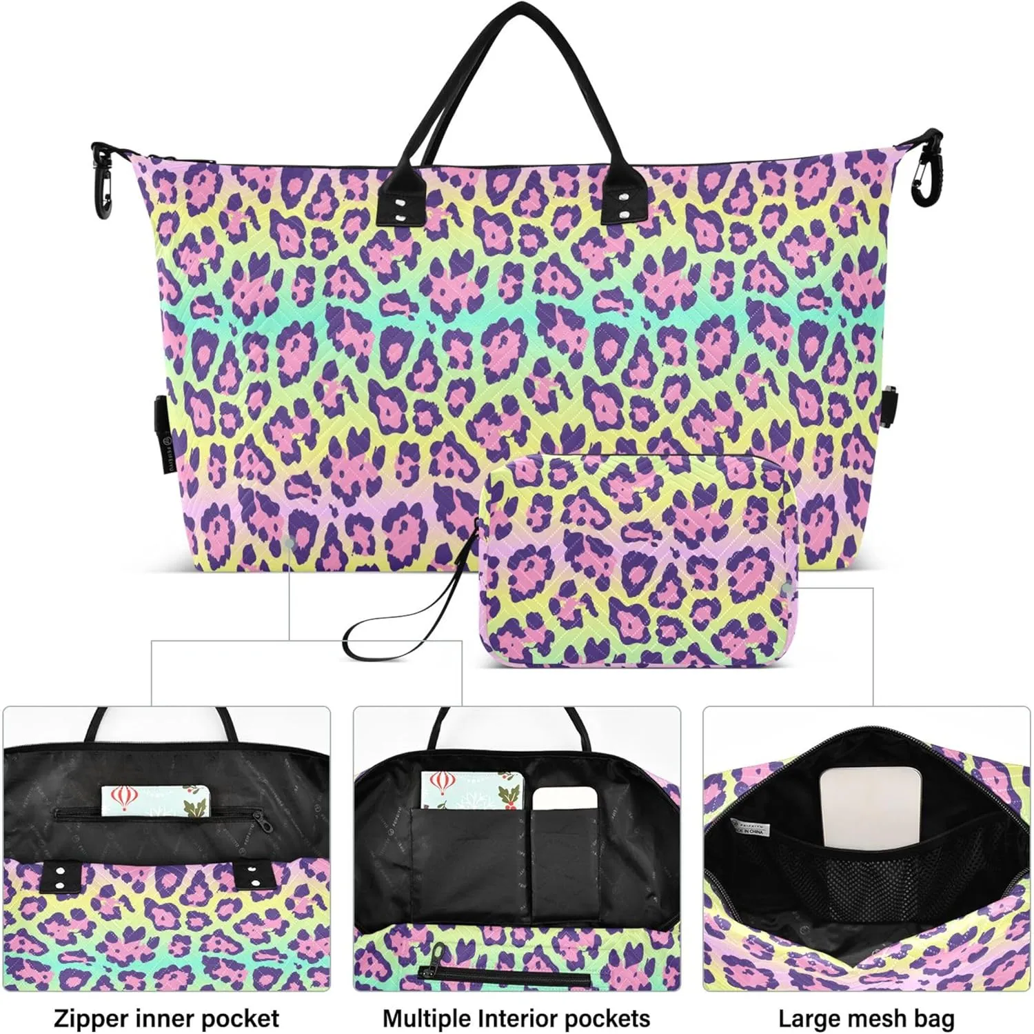 Colorful Leopard Print Travel Duffel Bags Toiletry Bags Set, Design Women Gym Duffle Bag Overnight Bags