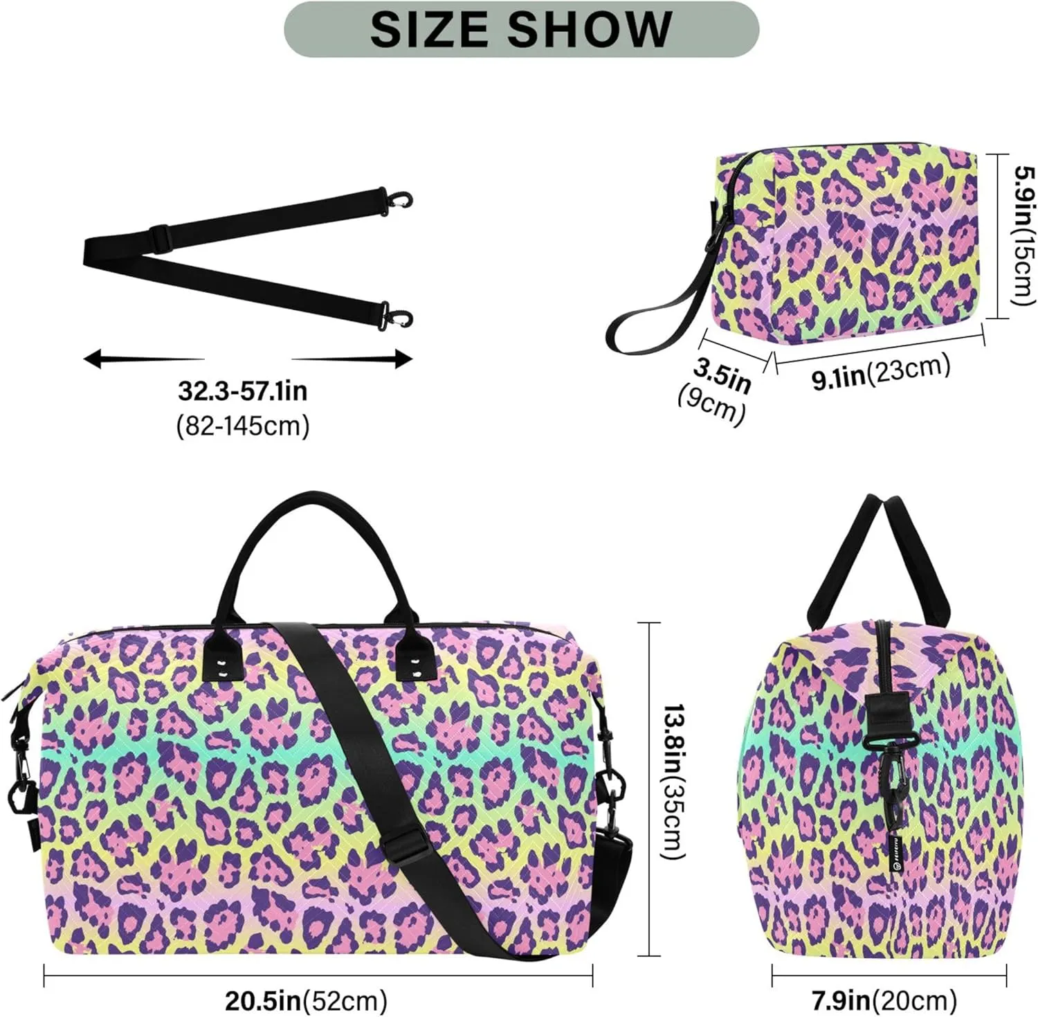 Colorful Leopard Print Travel Duffel Bags Toiletry Bags Set, Design Women Gym Duffle Bag Overnight Bags