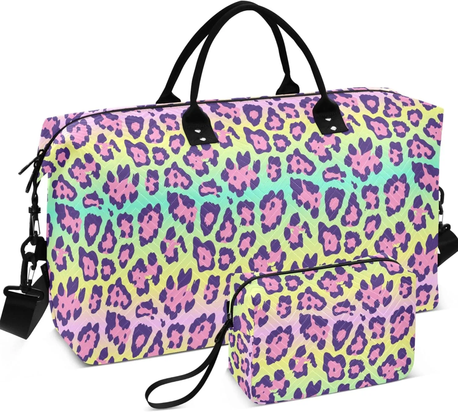 Colorful Leopard Print Travel Duffel Bags Toiletry Bags Set, Design Women Gym Duffle Bag Overnight Bags