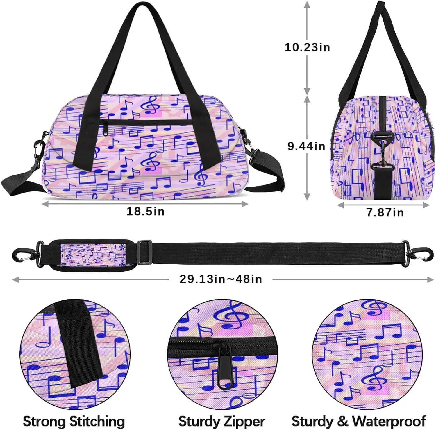 Colorful Music Note Pattern Kids Duffel Bag Lightweight Waterproof Sports Gym Bag with Front Zipper Pocket Foldable Weekender Overnight Bag for School Practice Gymnastic Ballet