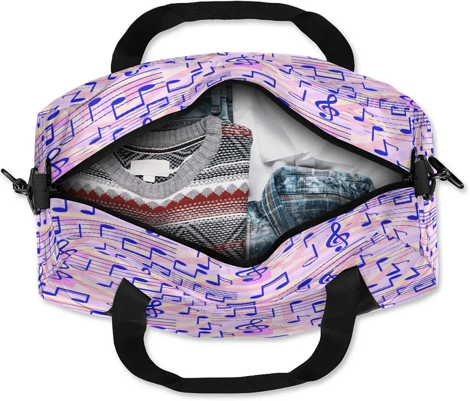 Colorful Music Note Pattern Kids Duffel Bag Lightweight Waterproof Sports Gym Bag with Front Zipper Pocket Foldable Weekender Overnight Bag for School Practice Gymnastic Ballet