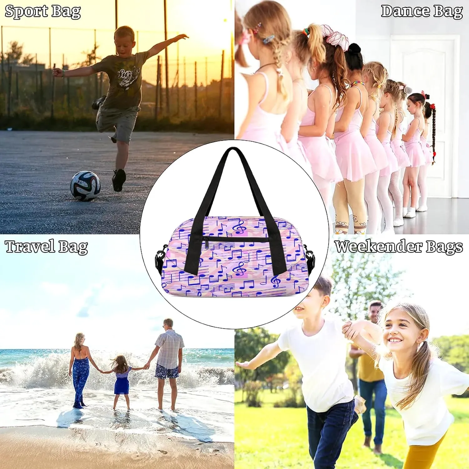 Colorful Music Note Pattern Kids Duffel Bag Lightweight Waterproof Sports Gym Bag with Front Zipper Pocket Foldable Weekender Overnight Bag for School Practice Gymnastic Ballet