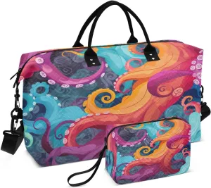 Colorful Octopus Tentacle Travel Duffel Bag with Toiletry Bag Weekender Bag for Carry on Sports Gym Bag for Sports Yoga Gym