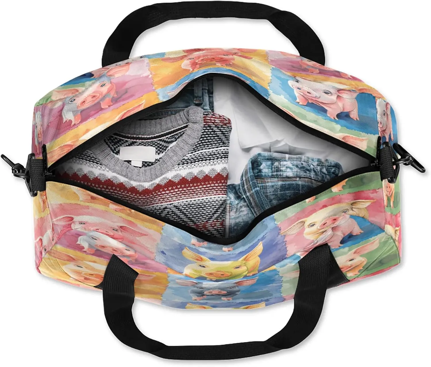 Colorful Pigs Pattern Kids Duffel Bag Lightweight Waterproof Sports Gym Bag with Front Zipper Pocket Foldable Weekender Overnight Bag for School Practice Gymnastic Ballet