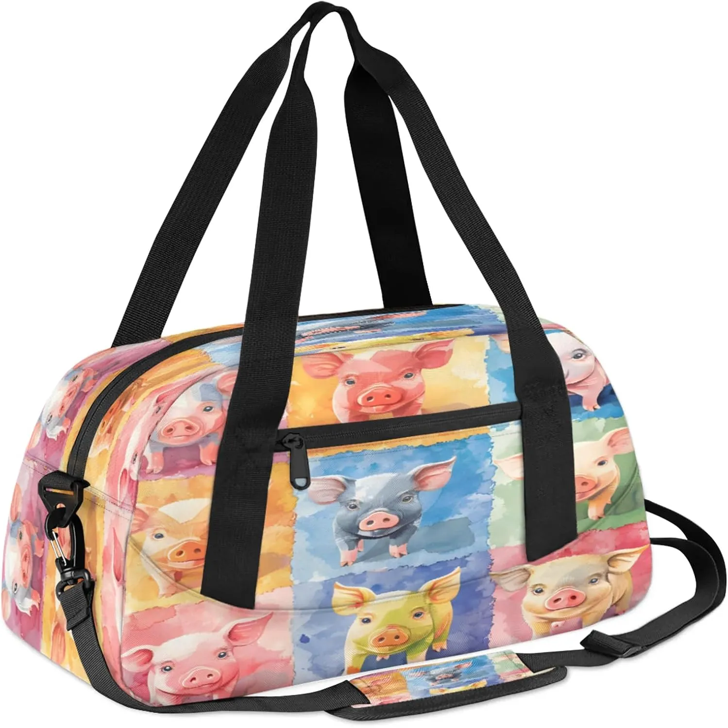 Colorful Pigs Pattern Kids Duffel Bag Lightweight Waterproof Sports Gym Bag with Front Zipper Pocket Foldable Weekender Overnight Bag for School Practice Gymnastic Ballet