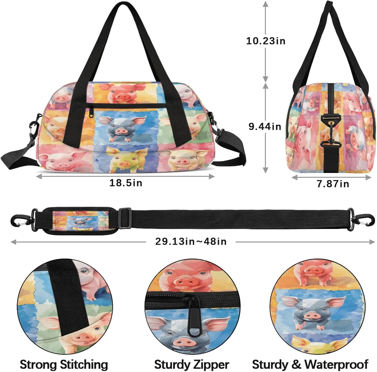 Colorful Pigs Pattern Kids Duffel Bag Lightweight Waterproof Sports Gym Bag with Front Zipper Pocket Foldable Weekender Overnight Bag for School Practice Gymnastic Ballet