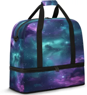 Colorful Purple Galaxy Travel Duffel Bags for Women & Men Large Sports Gym Bags Foldie Weekender Overnight Bag Carry On Tote Bag With Shoe Compartment Personal Item Luggage for Travel Sports Gym