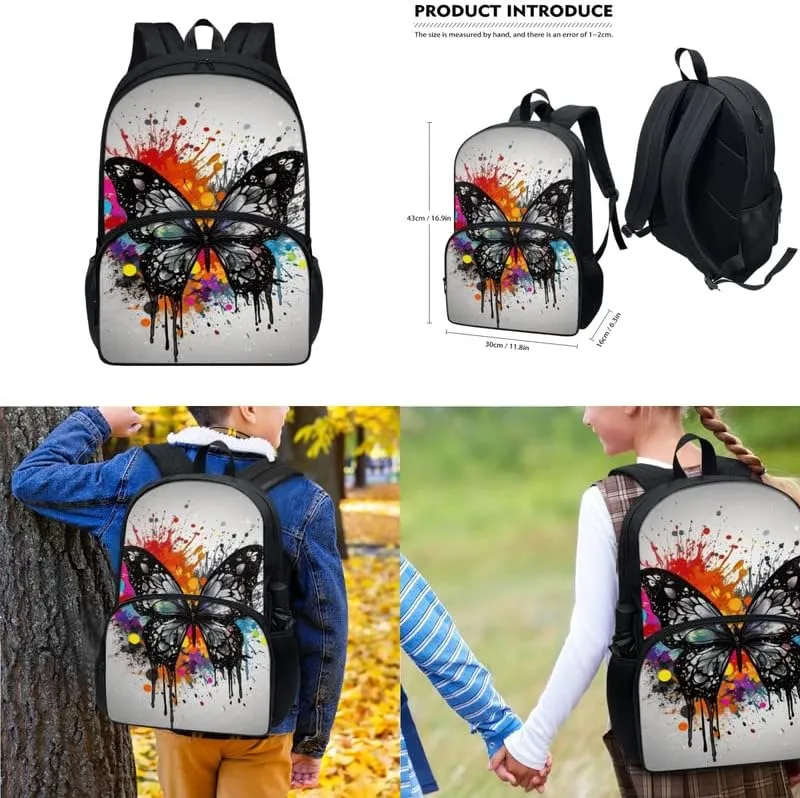 Colorful Splash Butterfly Grey 3-Pcs Casual Daypack Set Rainbow Painting Butterfly Middle School Durable Knapsack with Lunch Bag Pencil Bag Fits 12 inch Macbook/Laptop Bag Gifts Men Women