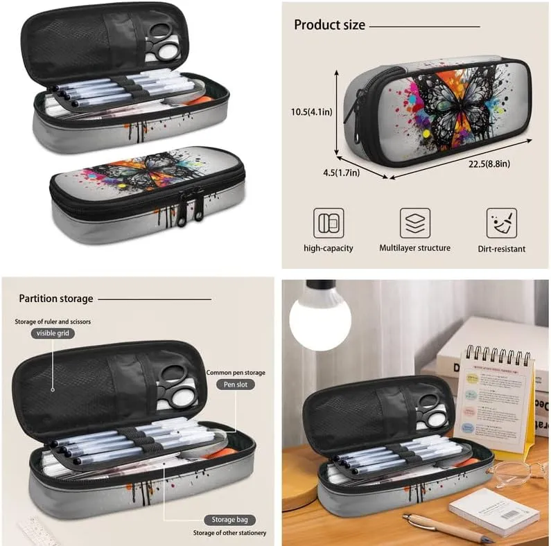 Colorful Splash Butterfly Grey 3-Pcs Casual Daypack Set Rainbow Painting Butterfly Middle School Durable Knapsack with Lunch Bag Pencil Bag Fits 12 inch Macbook/Laptop Bag Gifts Men Women