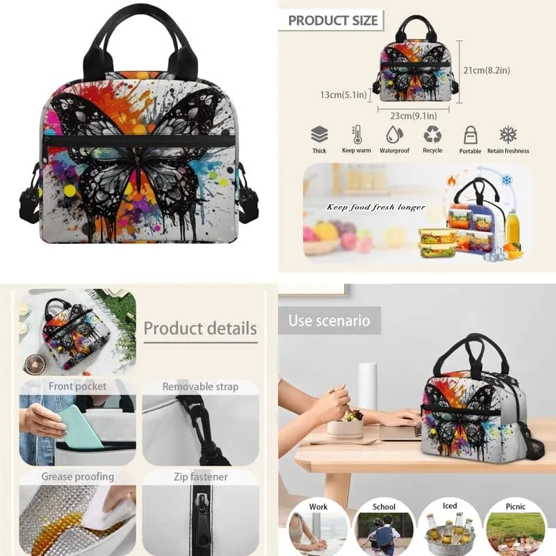 Colorful Splash Butterfly Grey 3-Pcs Casual Daypack Set Rainbow Painting Butterfly Middle School Durable Knapsack with Lunch Bag Pencil Bag Fits 12 inch Macbook/Laptop Bag Gifts Men Women